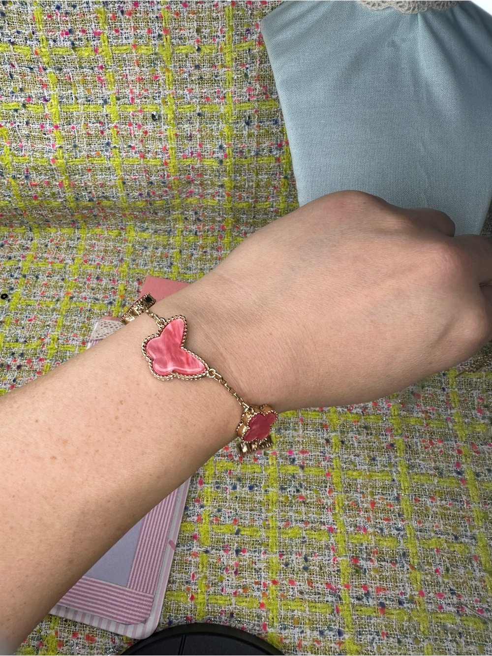 Gold Bracelet with Pink Mother-of-Pearl Butterfly and Heart Charms